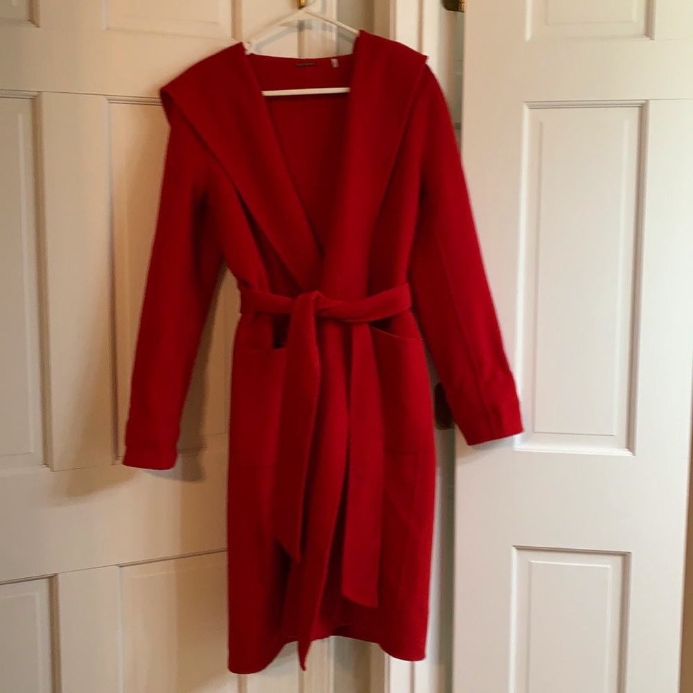 NWOT!  Beautiful bright red Elie Tahari long coat with hoodie, size small!